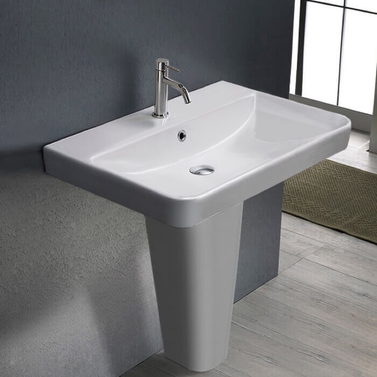 Bathroom Sink, CeraStyle 079600U-PED, Rectangular White Ceramic Pedestal Sink